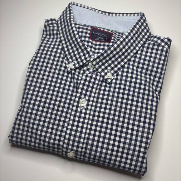 UNTUCKit  White Blue Gingham Check Men's Large Long Sleeve Button Down Shirt - Picture 2 of 6